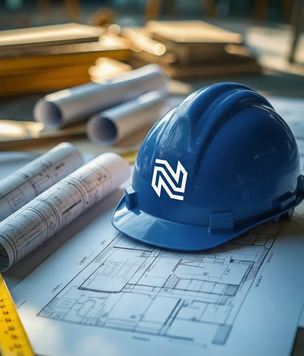 Capacete azul com identidade da Nakzaf Engenharia sobre planta técnica, ao lado de projetos arquitetônicos em ambiente de engenharia